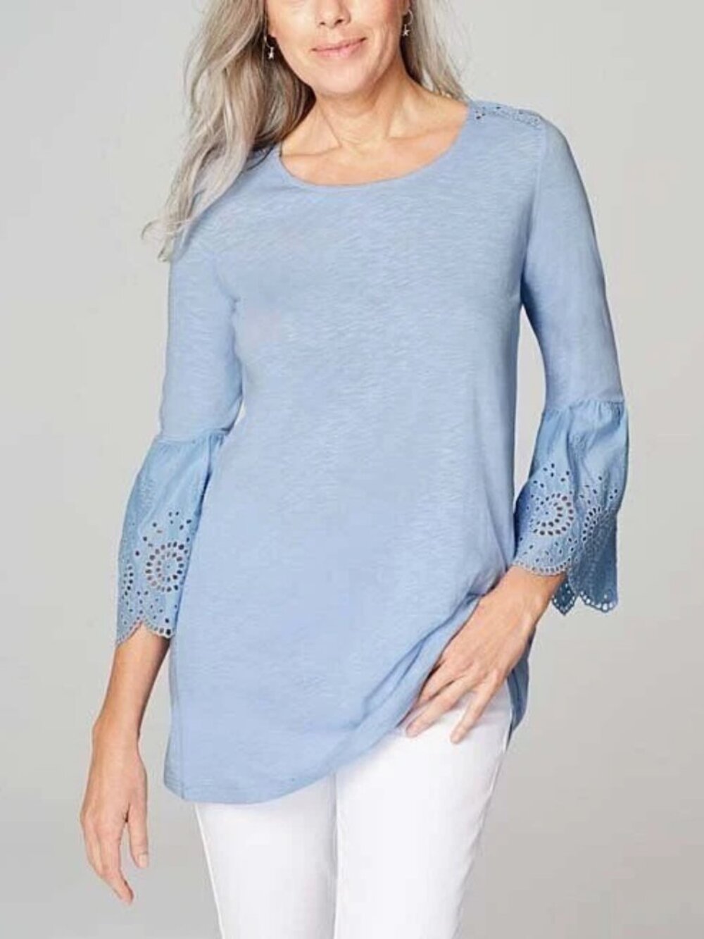 J Jill Cornflower Tunic Top Size 2X Bell Sleeves Blue Eyelet